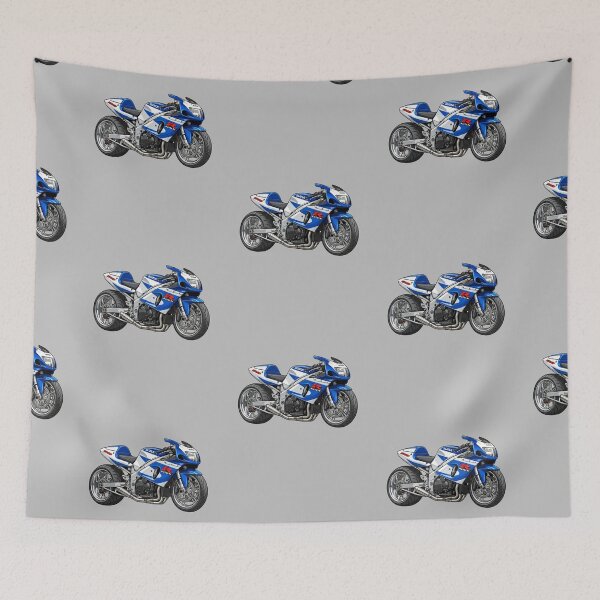 Item preview, Blue White Suzuki GSX-R750 SRAD 90s Superbike Motorcycle Illustration designed and sold by Motorline44.