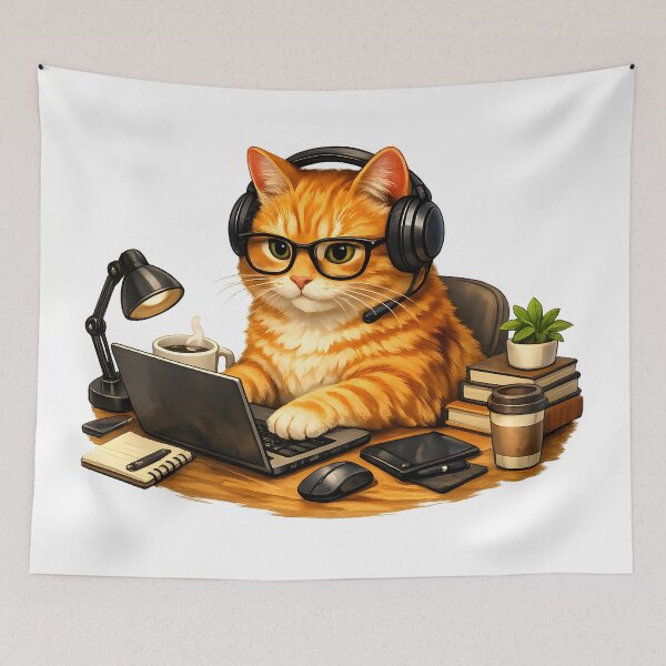 Item preview, Orange Cat Working from Home – Premium Home Office Illustration designed and sold by builtforyou.