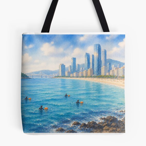 Item preview, Korea Busan Haeundae Beach Haenyeo Watercolor - City Skyline Ocean Art Print designed and sold by KOREA-HAENAM.