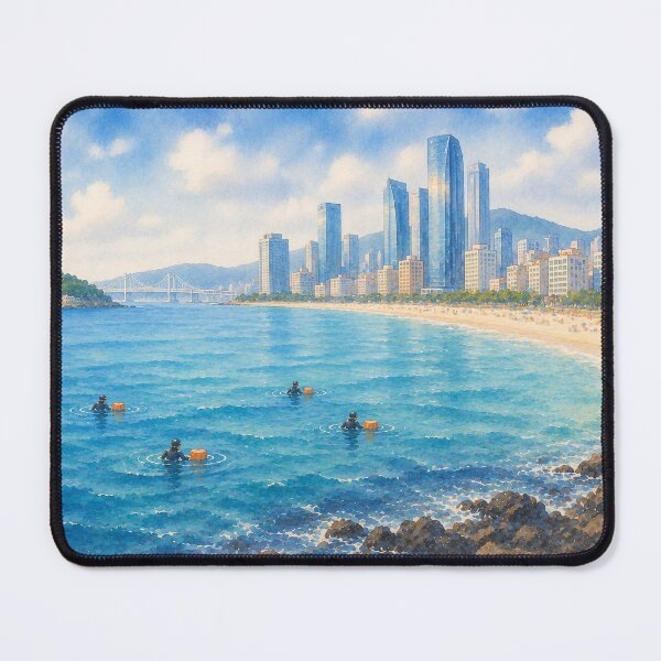 Item preview, Korea Busan Haeundae Beach Haenyeo Watercolor - City Skyline Ocean Art Print designed and sold by KOREA-HAENAM.