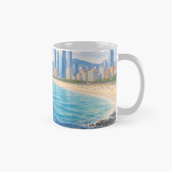 Item preview, Korea Busan Haeundae Beach Haenyeo Watercolor - City Skyline Ocean Art Print designed and sold by KOREA-HAENAM.