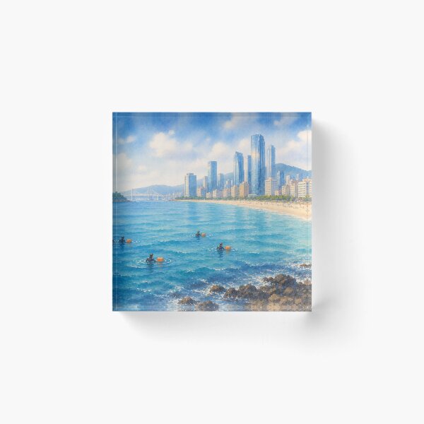 Item preview, Korea Busan Haeundae Beach Haenyeo Watercolor - City Skyline Ocean Art Print designed and sold by KOREA-HAENAM.