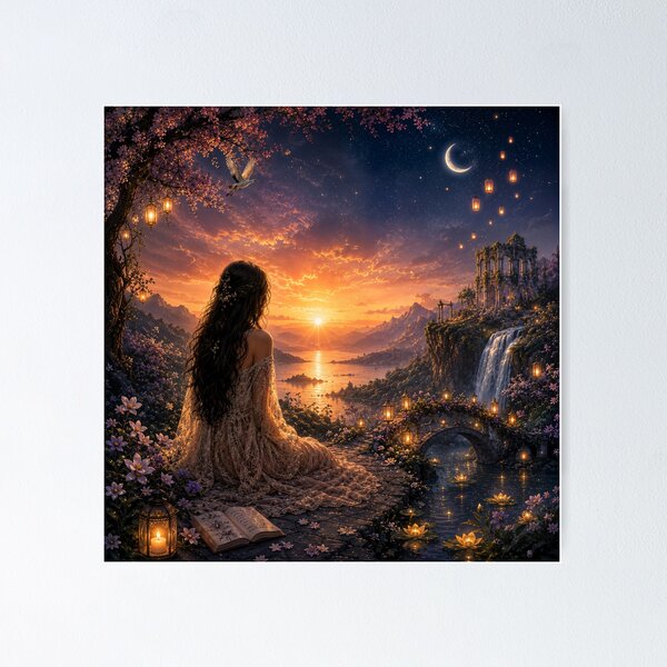 Item preview, Enchanted Moonlit Garden at Sunset | Fantasy Wall Art designed and sold by ttrimm.