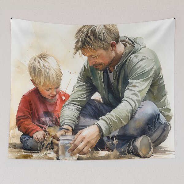 Item preview, Shared Adventures - A Father And Son Catching Insects In Jars Together - Family Art - Watercolor Art designed and sold by CastleBySea.