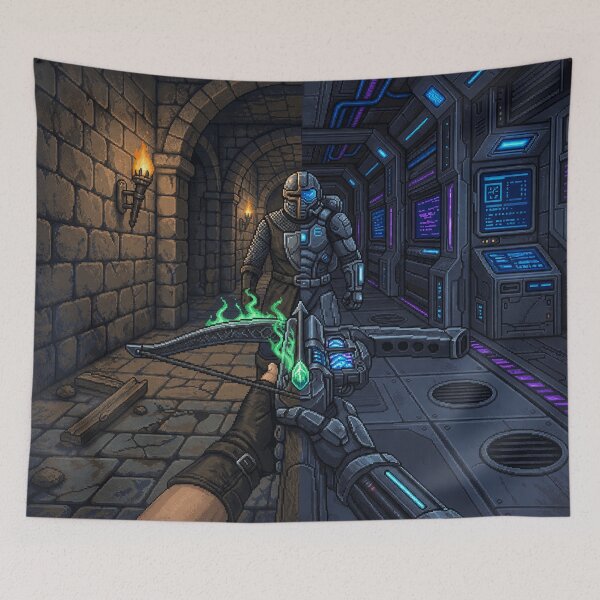 Item preview, Medieval vs Sci-Fi | Seamless Worlds | Faux Retro FPS Screenshot | Pixel Art designed and sold by GRAIL-PIXXAILL.