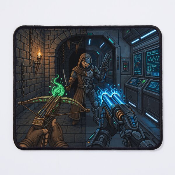 Item preview, Medieval vs Sci-Fi | Parallel Worlds | Faux Retro FPS Screenshot | Pixel Art designed and sold by GRAIL-PIXXAILL.