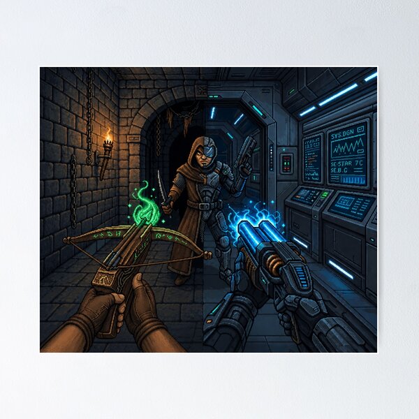 Item preview, Medieval vs Sci-Fi | Parallel Worlds | Faux Retro FPS Screenshot | Pixel Art designed and sold by GRAIL-PIXXAILL.
