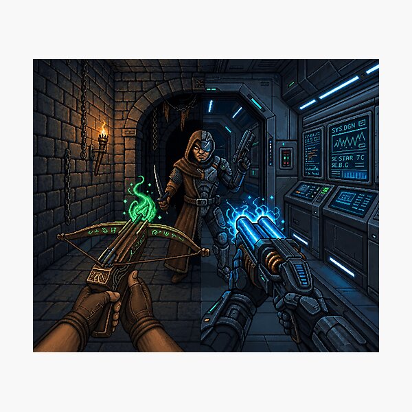 Item preview, Medieval vs Sci-Fi | Parallel Worlds | Faux Retro FPS Screenshot | Pixel Art designed and sold by GRAIL-PIXXAILL.