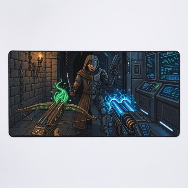 Item preview, Medieval vs Sci-Fi | Parallel Worlds | Faux Retro FPS Screenshot | Pixel Art designed and sold by GRAIL-PIXXAILL.