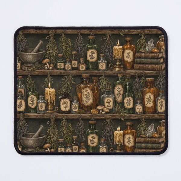 Item preview, Witchy Apothecary Shelf with Potion Bottles Herbs and Candles in Amber designed and sold by StickyGuys.