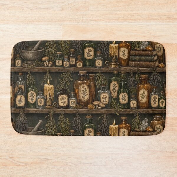 Item preview, Witchy Apothecary Shelf with Potion Bottles Herbs and Candles in Amber designed and sold by StickyGuys.