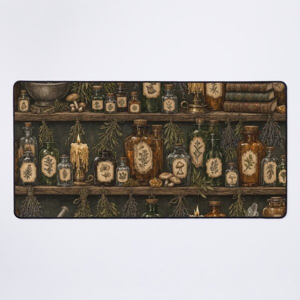 Item preview, Witchy Apothecary Shelf with Potion Bottles Herbs and Candles in Amber designed and sold by StickyGuys.