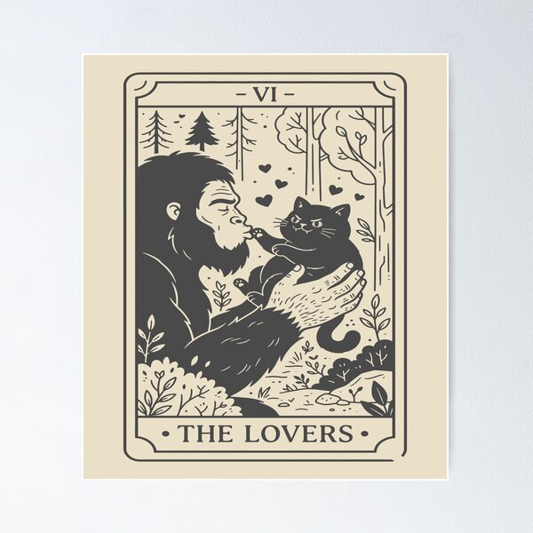 Item preview, The Lovers Tarot Card - Cute Bigfoot and Black Cat. #3 designed and sold by EunsooLee.