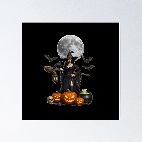 Item preview, Goth Halloween Witch with Pumpkins and Full Moon designed and sold by DeliaDesignsCo.