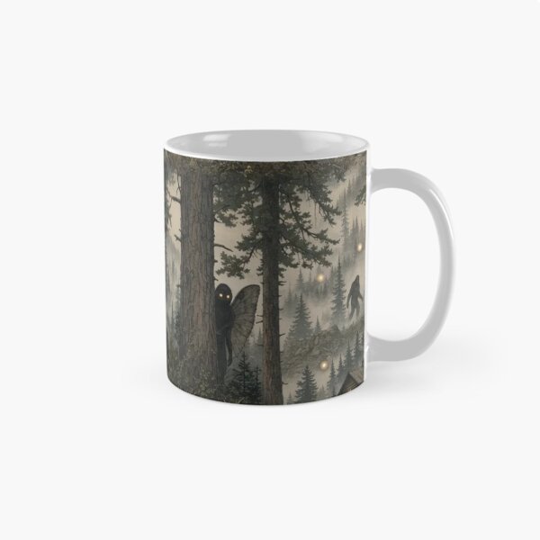 Item preview, Cryptid Forest with Mothman Bigfoot and Jackalope in Misty Pine Green designed and sold by StickyGuys.