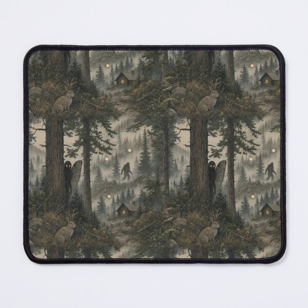 Item preview, Cryptid Forest with Mothman Bigfoot and Jackalope in Misty Pine Green designed and sold by StickyGuys.