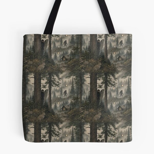 Item preview, Cryptid Forest with Mothman Bigfoot and Jackalope in Misty Pine Green designed and sold by StickyGuys.