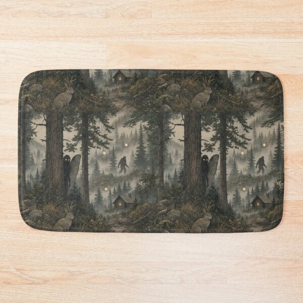 Item preview, Cryptid Forest with Mothman Bigfoot and Jackalope in Misty Pine Green designed and sold by StickyGuys.