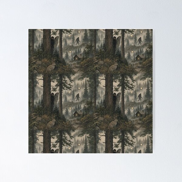 Item preview, Cryptid Forest with Mothman Bigfoot and Jackalope in Misty Pine Green designed and sold by StickyGuys.