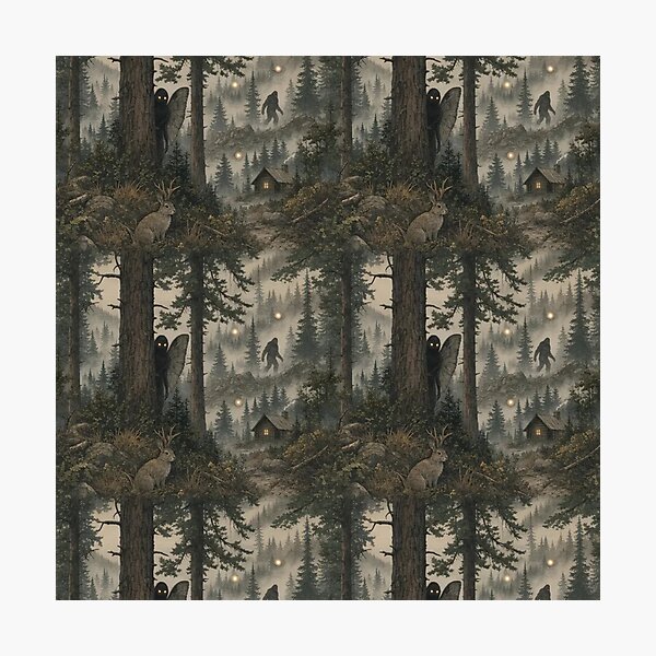 Item preview, Cryptid Forest with Mothman Bigfoot and Jackalope in Misty Pine Green designed and sold by StickyGuys.