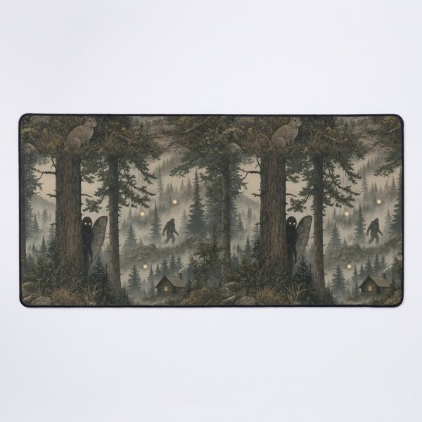 Item preview, Cryptid Forest with Mothman Bigfoot and Jackalope in Misty Pine Green designed and sold by StickyGuys.