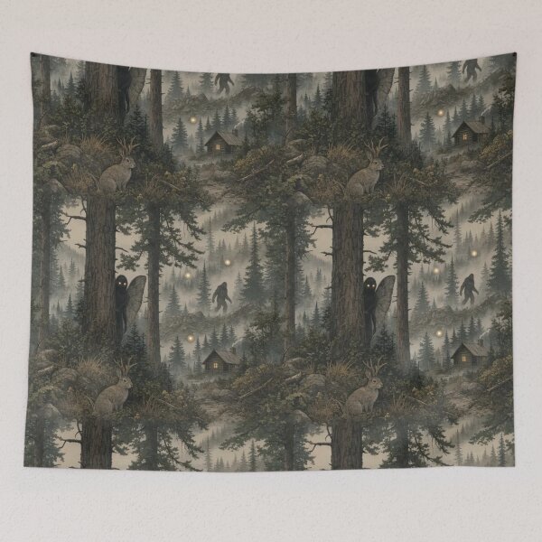 Item preview, Cryptid Forest with Mothman Bigfoot and Jackalope in Misty Pine Green designed and sold by StickyGuys.