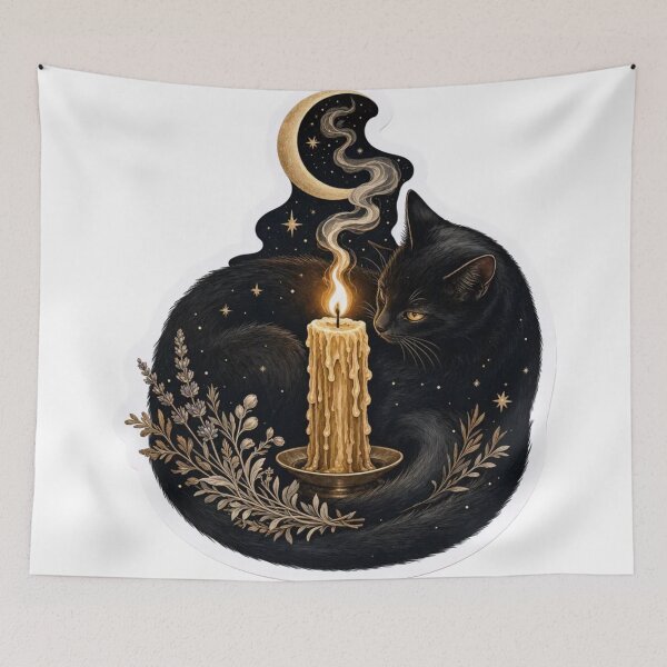 Item preview, Black Cat Curled Around a Melting Candle and Crescent Moon designed and sold by StickyGuys.