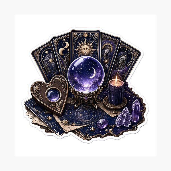 Item preview, Tarot Cards Ouija Planchette and Crystal Ball Occult Divination Emblem designed and sold by StickyGuys.