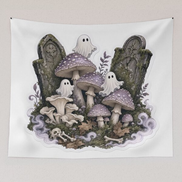 Item preview, Haunted Graveyard Mushrooms with Tiny Ghosts and Crooked Headstones designed and sold by StickyGuys.