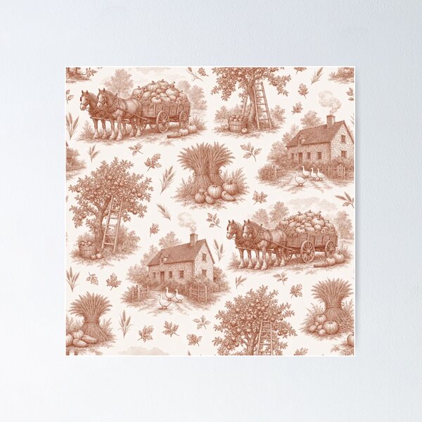 Item preview, Cozy Autumn Harvest Toile with Pumpkin Wagons Wheat and Farmhouses designed and sold by StickyGuys.