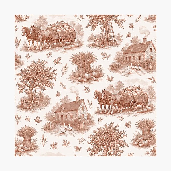 Item preview, Cozy Autumn Harvest Toile with Pumpkin Wagons Wheat and Farmhouses designed and sold by StickyGuys.