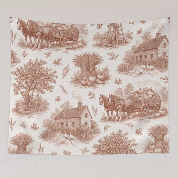 Item preview, Cozy Autumn Harvest Toile with Pumpkin Wagons Wheat and Farmhouses designed and sold by StickyGuys.