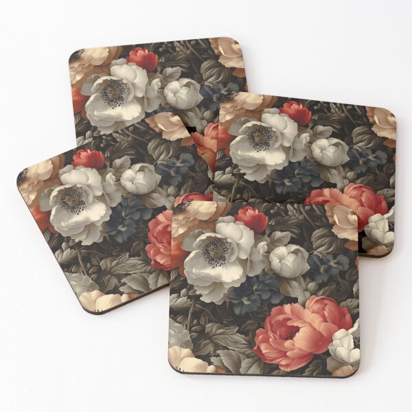 Artikelvorschau, Vintage-Melodiemuster mit korallenfarbenen Pfingstrosen und weißen Anemonen entworfen und verkauft von TremainDigital.
