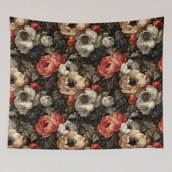 Artikelvorschau, Vintage-Melodiemuster mit korallenfarbenen Pfingstrosen und weißen Anemonen entworfen und verkauft von TremainDigital.
