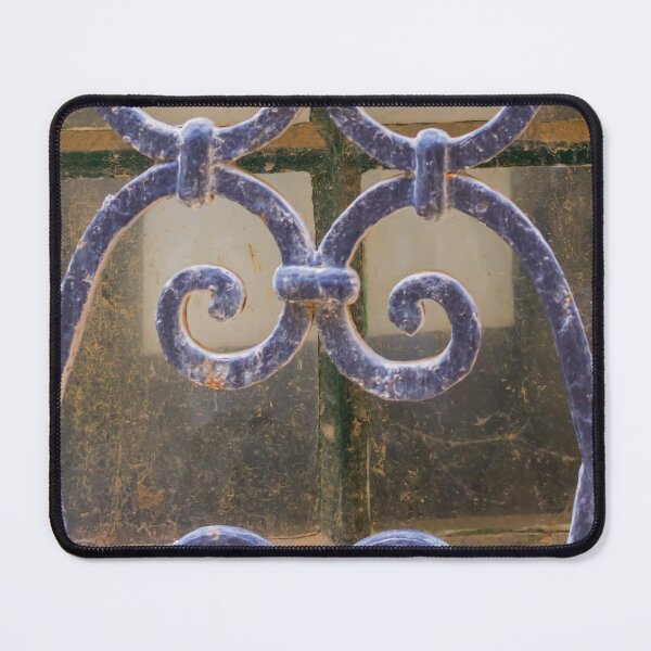 Item preview, Wrought Iron Window Grill With Ornate Scrollwork And Weathered Blue Paint Close-Up designed and sold by Nmallia.