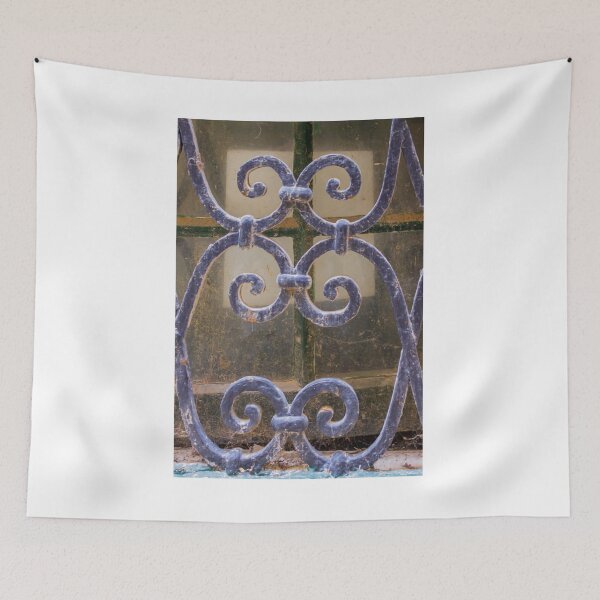 Item preview, Wrought Iron Window Grill With Ornate Scrollwork And Weathered Blue Paint Close-Up designed and sold by Nmallia.