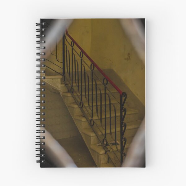 Item preview, Moody Vintage Staircase With Red Handrail and Ornate Iron Railing in Abandoned Interior designed and sold by Nmallia.