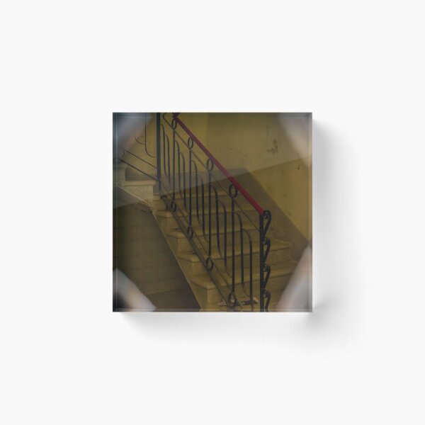Item preview, Moody Vintage Staircase With Red Handrail and Ornate Iron Railing in Abandoned Interior designed and sold by Nmallia.