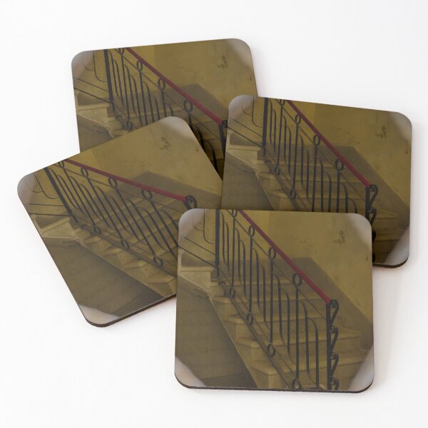 Item preview, Moody Vintage Staircase With Red Handrail and Ornate Iron Railing in Abandoned Interior designed and sold by Nmallia.