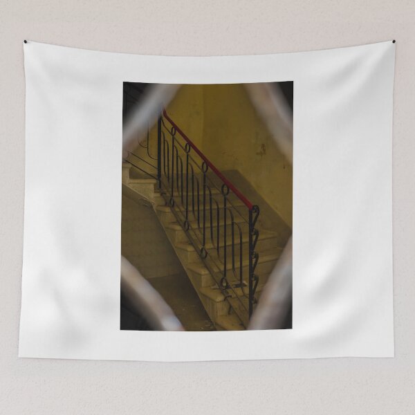 Item preview, Moody Vintage Staircase With Red Handrail and Ornate Iron Railing in Abandoned Interior designed and sold by Nmallia.