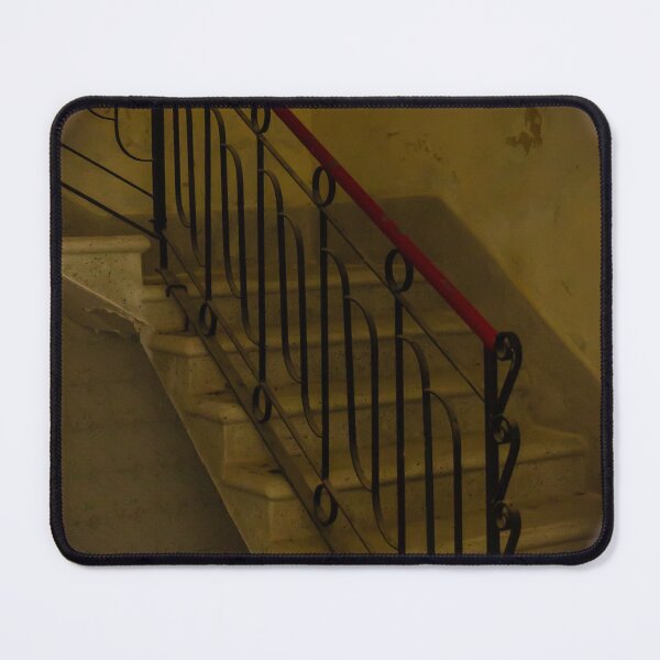 Item preview, Moody Vintage Staircase With Red Handrail and Ornate Iron Railing in Abandoned Interior designed and sold by Nmallia.
