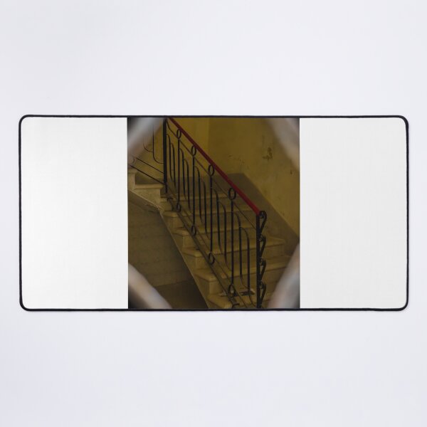 Item preview, Moody Vintage Staircase With Red Handrail and Ornate Iron Railing in Abandoned Interior designed and sold by Nmallia.