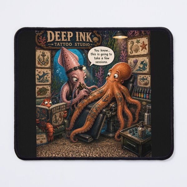 Item preview, Deep Ink Tattoo Studio | Funny Squid & Octopus Tattoo Artist Cartoon | Chrome & Critters designed and sold by AnimalMarvels.