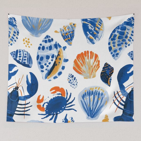 Item preview, Coastal Seashells & Lobsters Pattern | Blue Nautical Marine Life Illustration designed and sold by Ramona-Gliga.