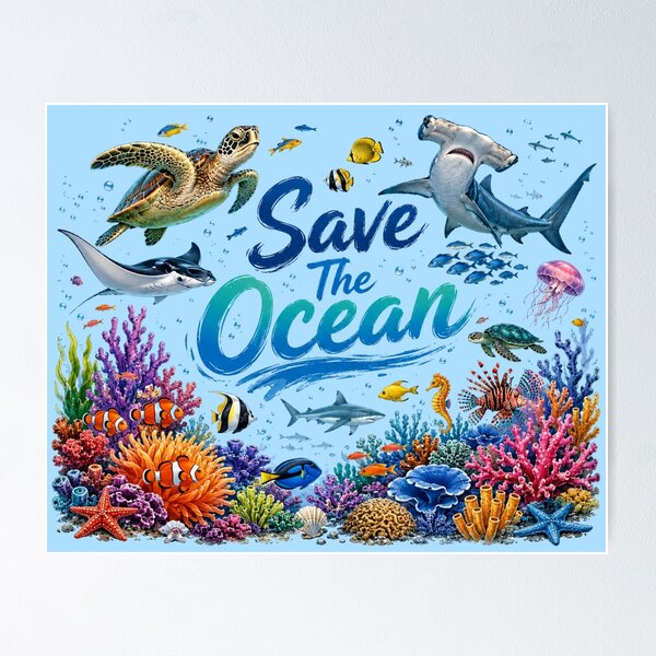 Item preview, Save The Ocean Colorful Marine Life Poster  designed and sold by Skyrocketz.