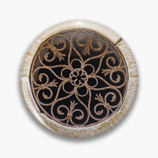 Item preview, Ornamental Round Window With Wrought Iron Grille Set In A Weathered Stone Wall designed and sold by Nmallia.