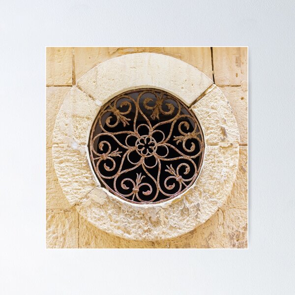 Item preview, Ornamental Round Window With Wrought Iron Grille Set In A Weathered Stone Wall designed and sold by Nmallia.