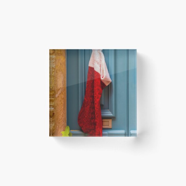 Item preview, Red Christmas Stocking Hanging On Blue Door Knob At Stone Entrance, Festive Holiday Decoration designed and sold by Nmallia.