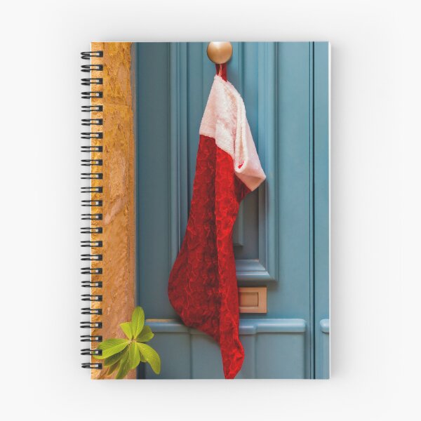 Item preview, Red Christmas Stocking Hanging On Blue Door Knob At Stone Entrance, Festive Holiday Decoration designed and sold by Nmallia.