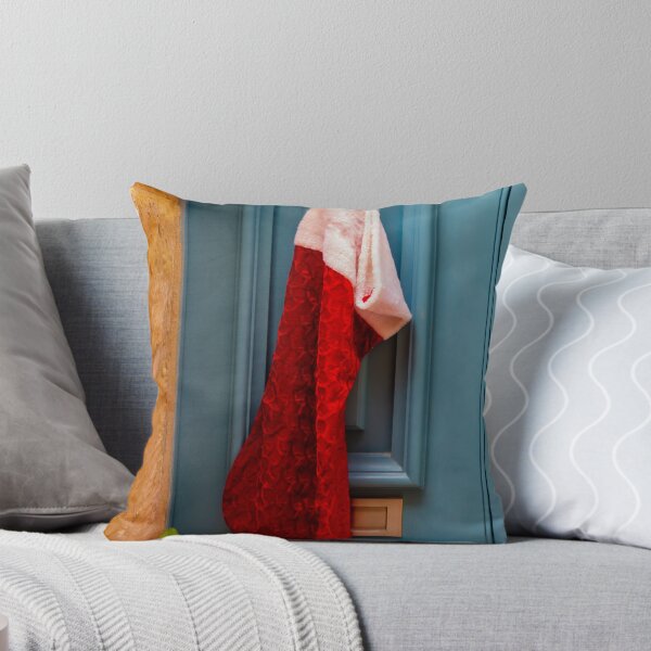Item preview, Red Christmas Stocking Hanging On Blue Door Knob At Stone Entrance, Festive Holiday Decoration designed and sold by Nmallia.